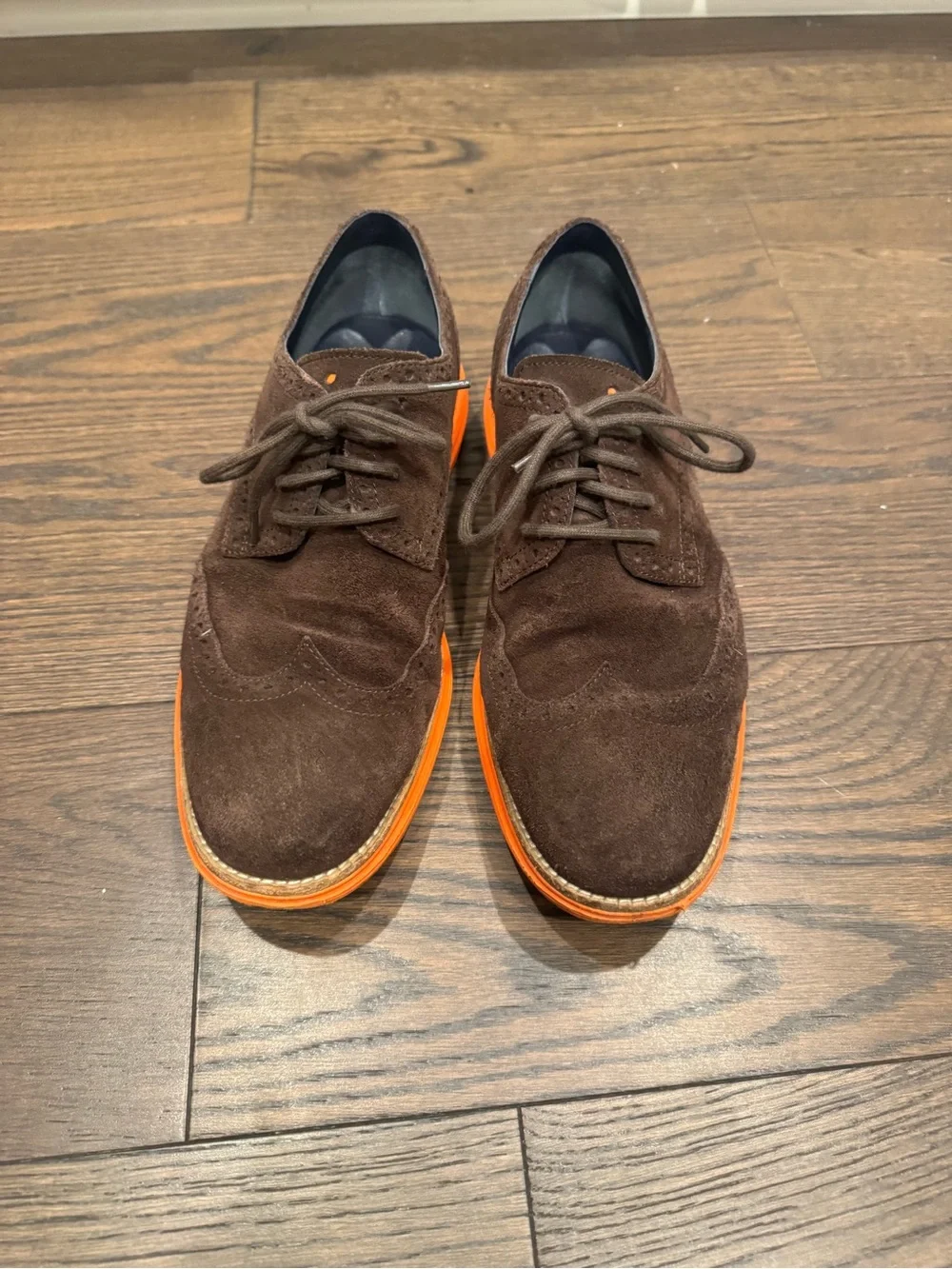 Cole Haan Brown Suede Wingtip Oxfords with Orange Sole size 9.5 me